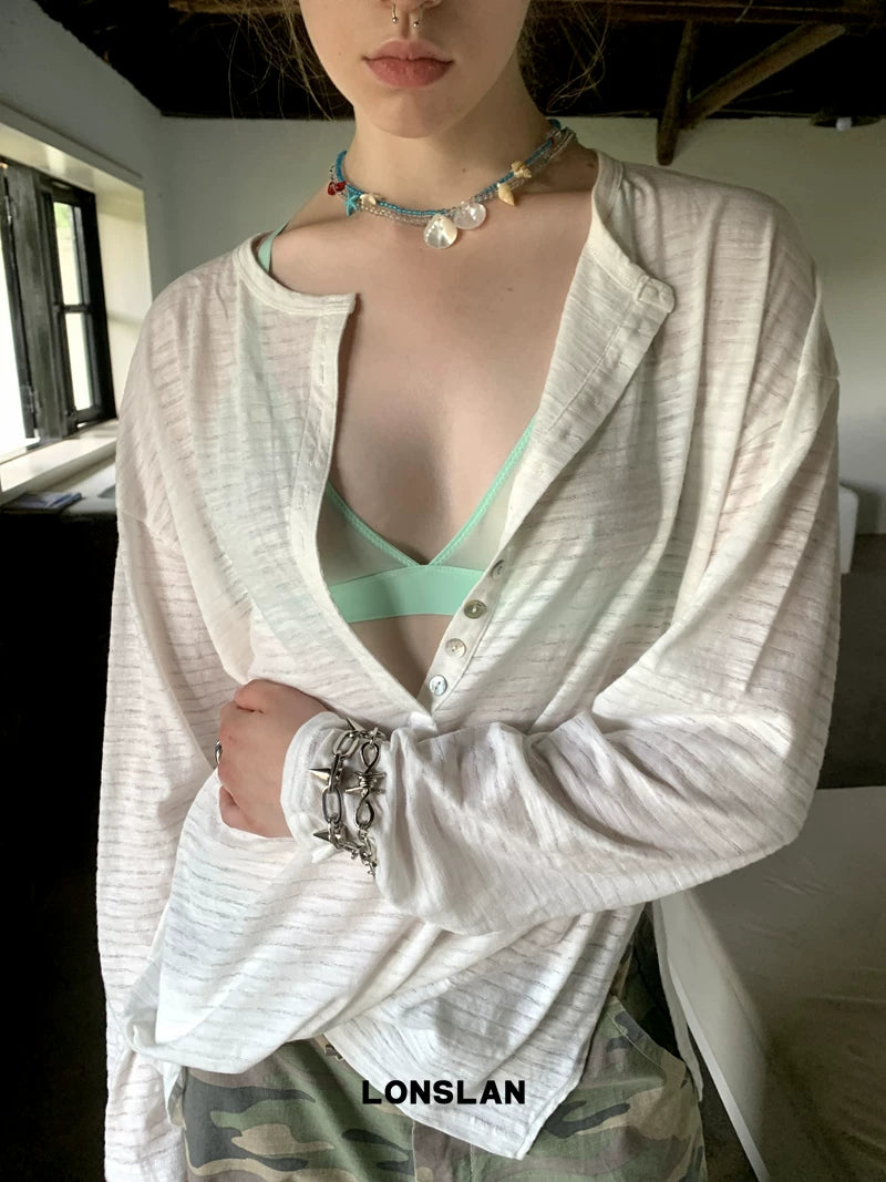 stripe deep v neck loose long sleeve top 2color 【NINE7017】