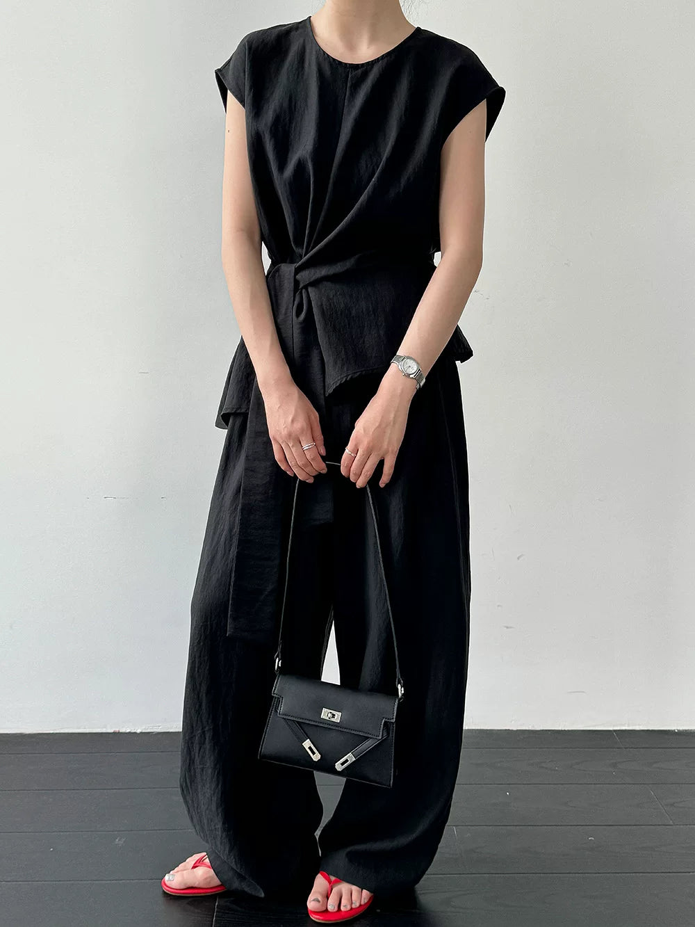 waist tie cap sleeve tops pants setup 2color 【NINE7085】