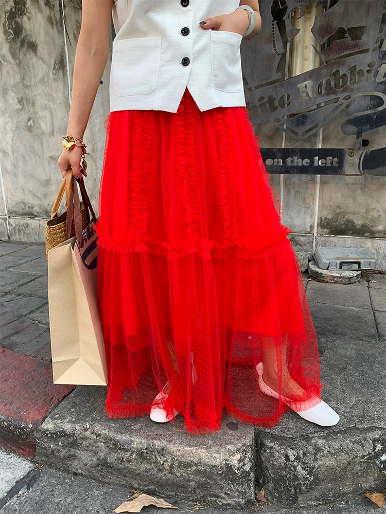 dot tulle ruffle tiered long skirt 1color 【NINE7205】