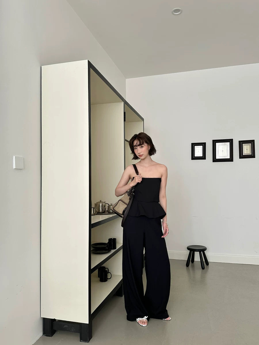 tube top peplum fake two-piece wide leg jumpsuit 1color 【NINE7150】