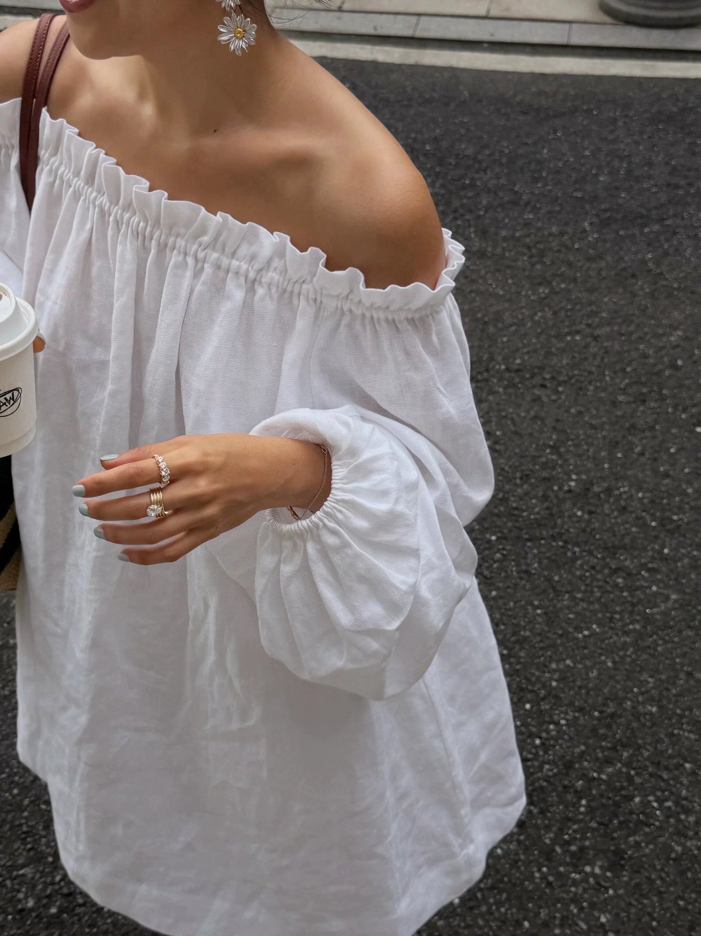 off shoulder ruffle linen mini dress 1color 【NINE7212】