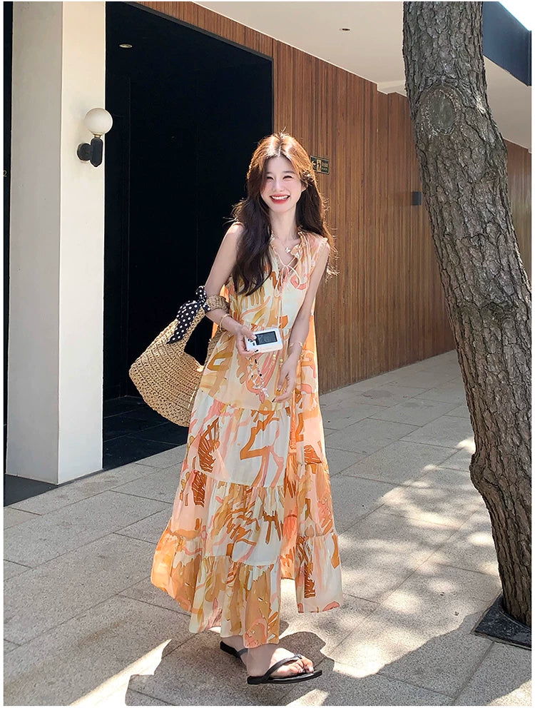 orange print tiered sleeveless dress 1color 【NINE7136】