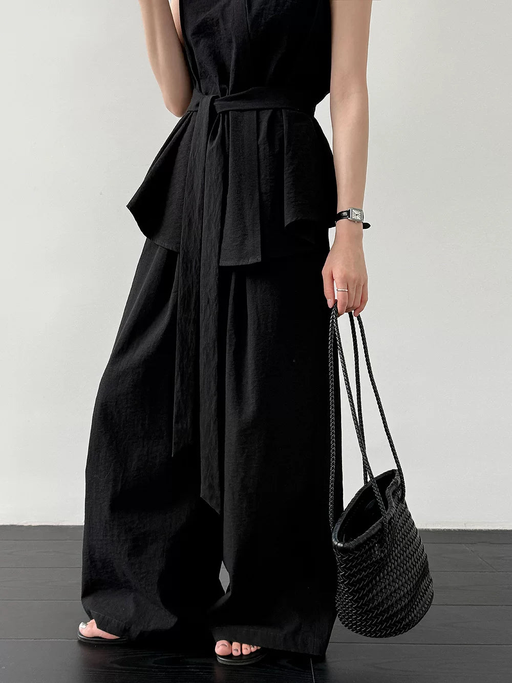 peplum tie sleeveless pants setup 2color 【NINE7082】