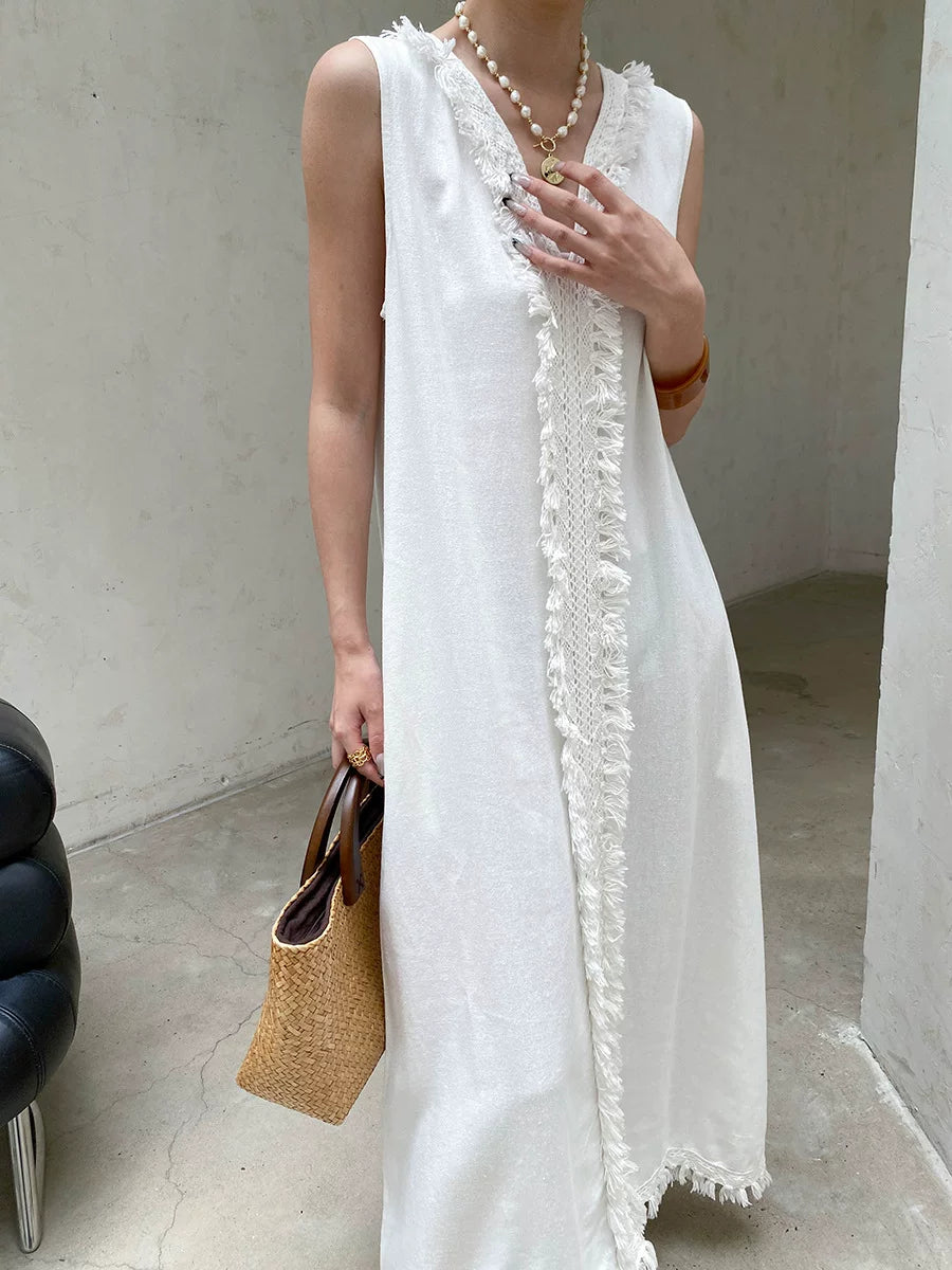fringe sleeveless long dress 2color 【NINE7057】