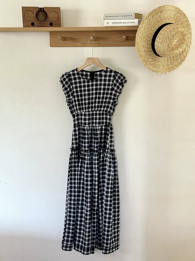 check tiered cap sleeve dress 1color 【NINE7066】