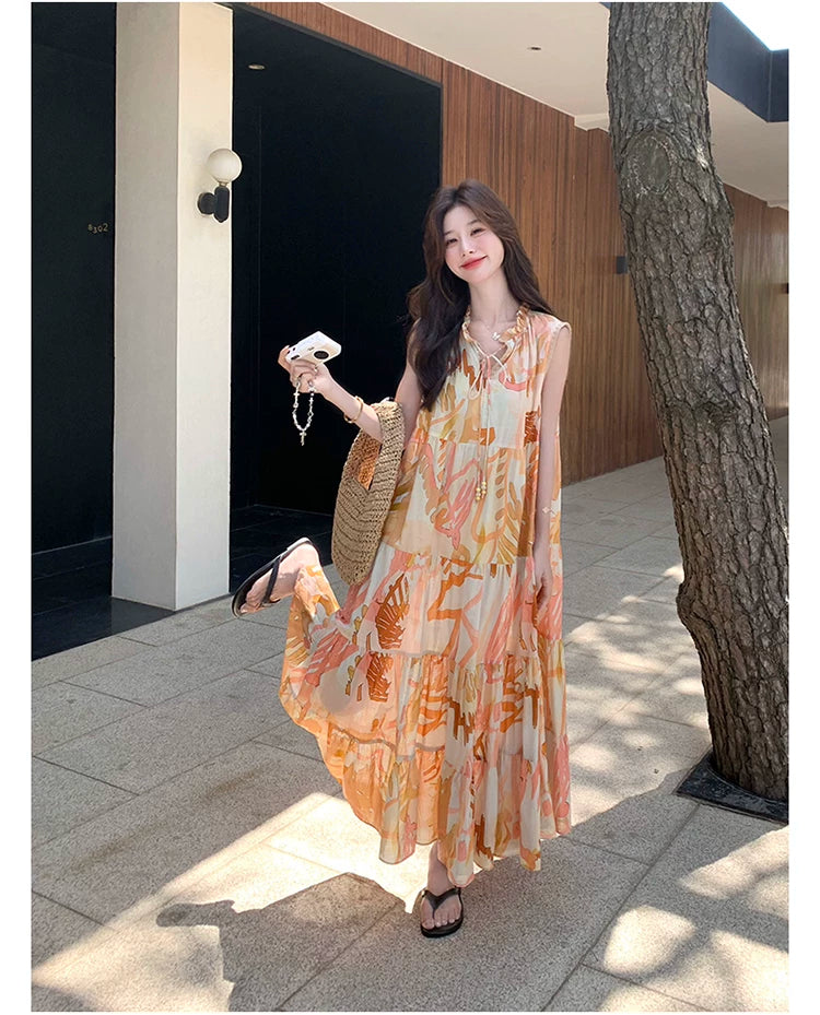 orange print tiered sleeveless dress 1color 【NINE7136】