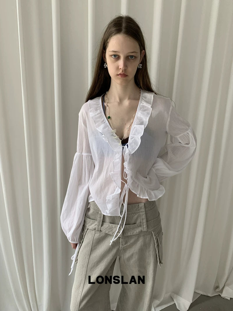 v neck ruffle long sleeve blouse 1color 【NINE7012】