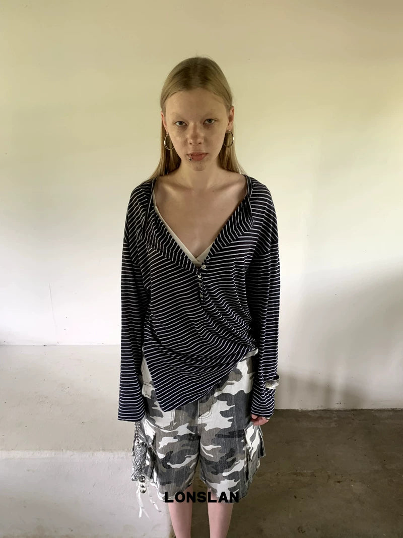 stripe deep v neck loose long sleeve top 2color 【NINE7017】