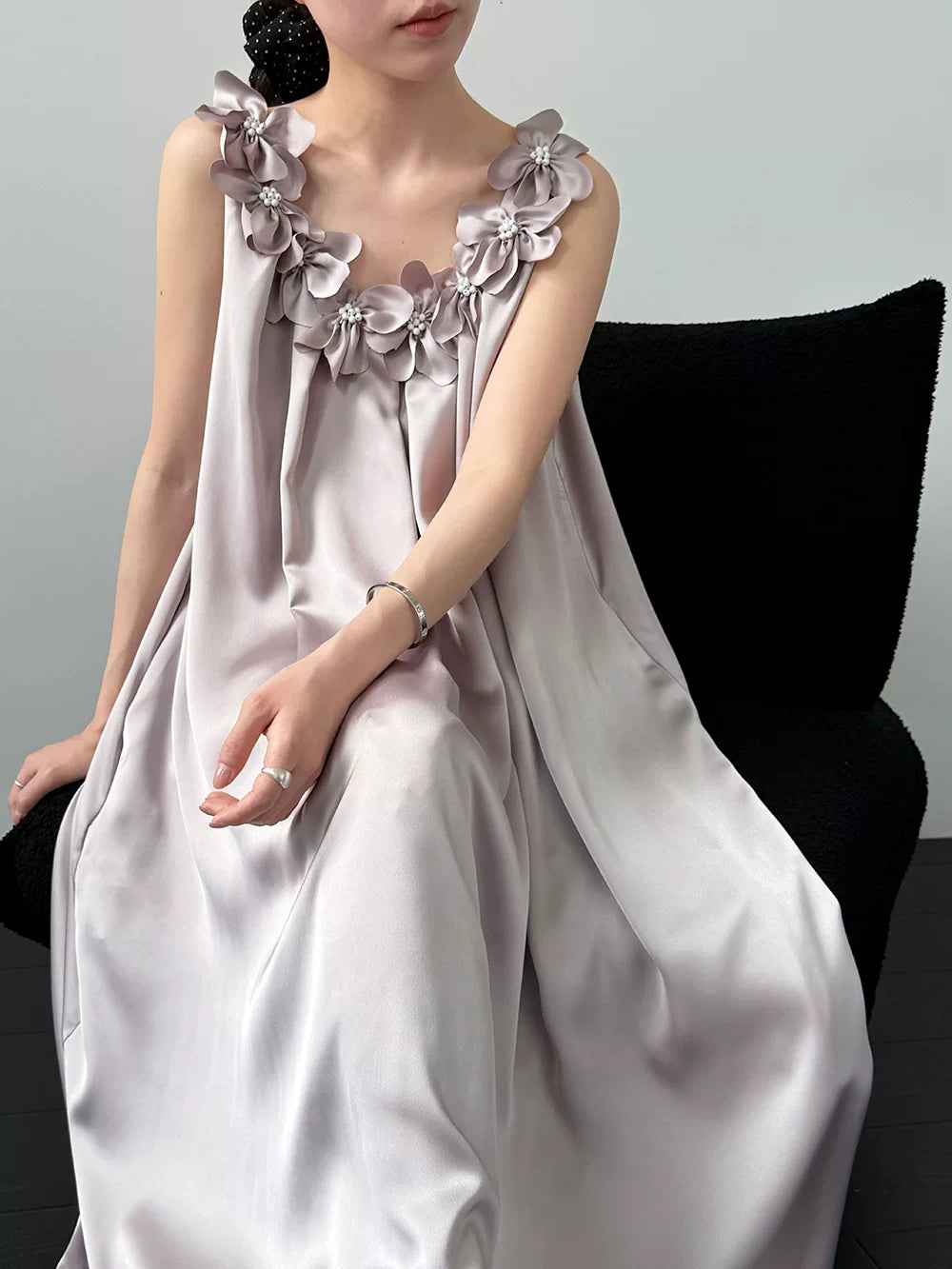flower applique satin long dress 2color 【NINE7087】