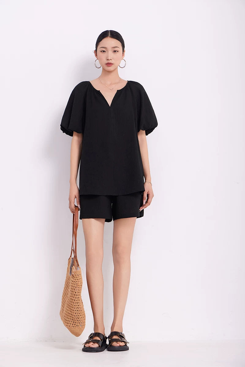 v-neck puff sleeve loose blouse 1color 【NINE7219】