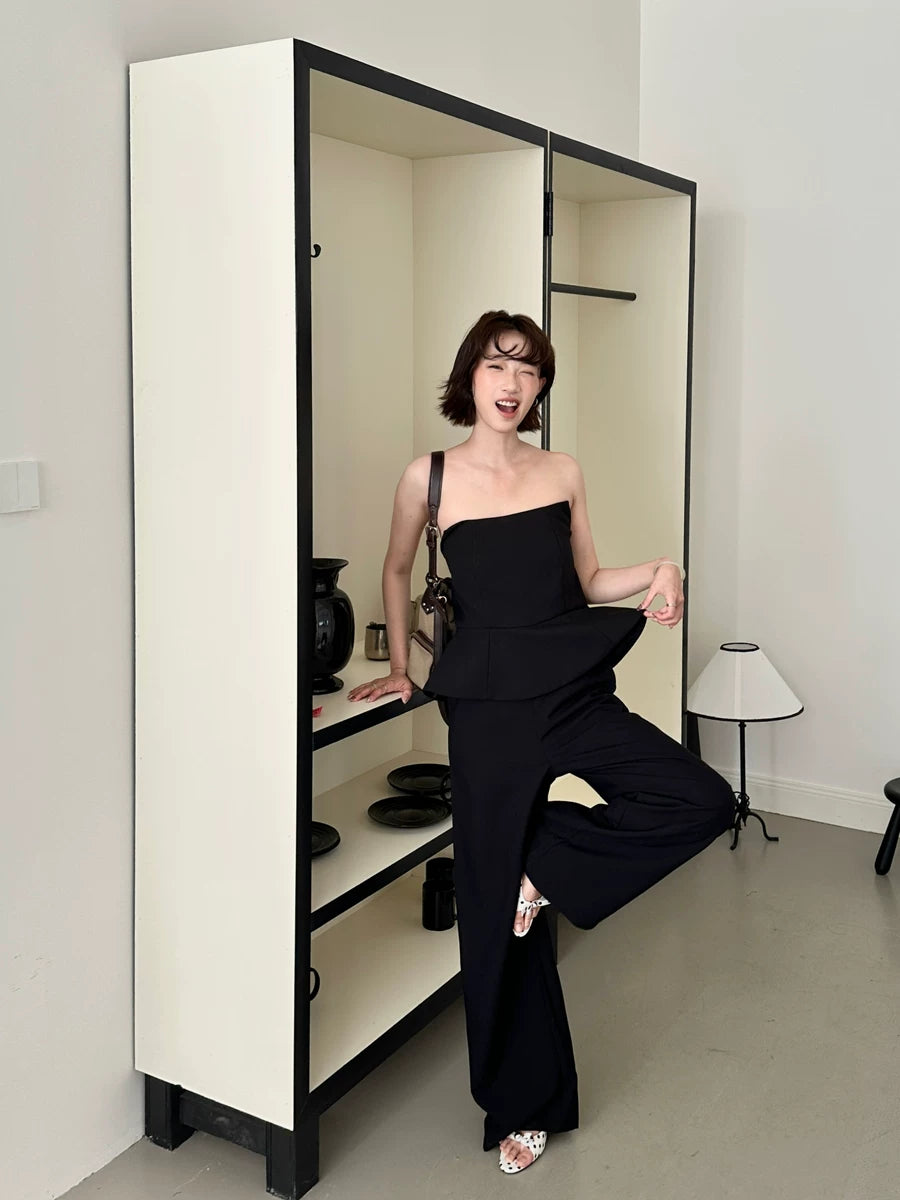 tube top peplum fake two-piece wide leg jumpsuit 1color 【NINE7150】