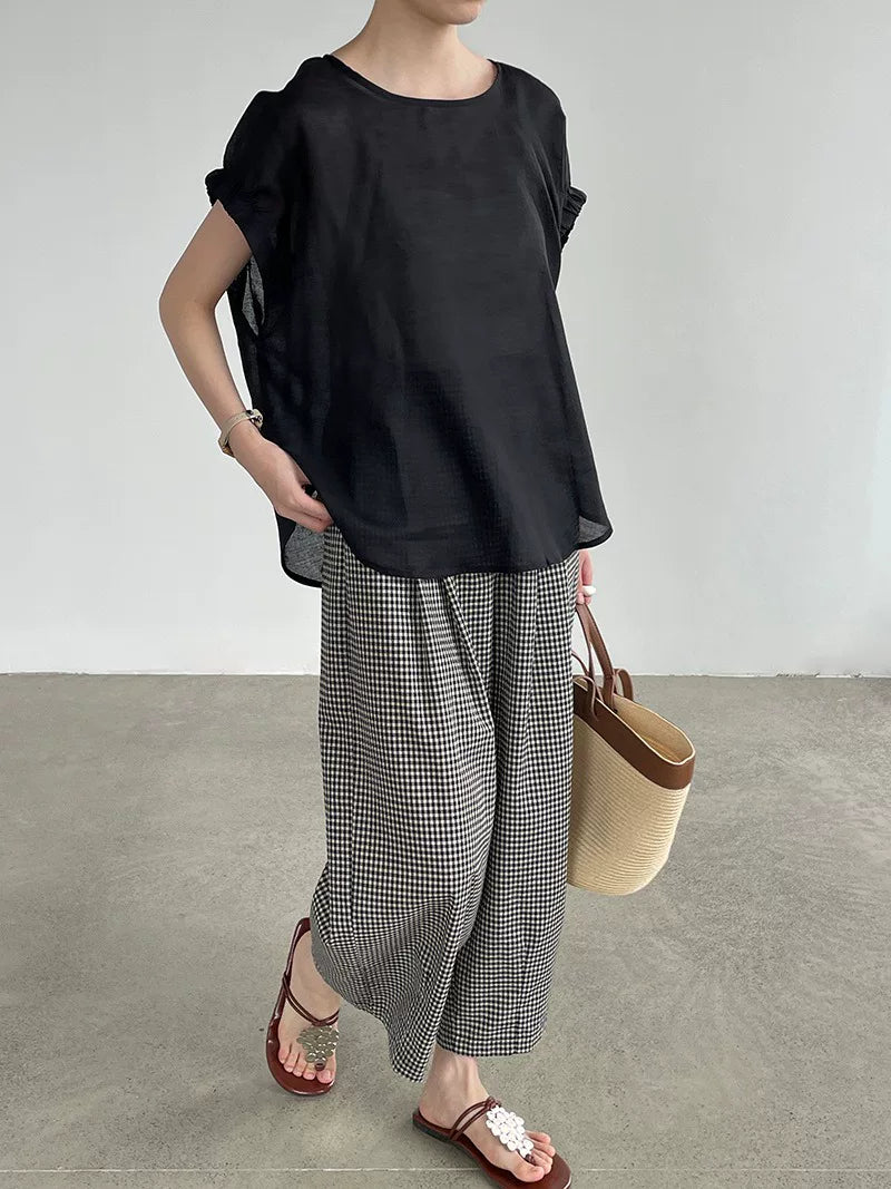 back button loose short sleeve blouse 3color 【NINE7021】