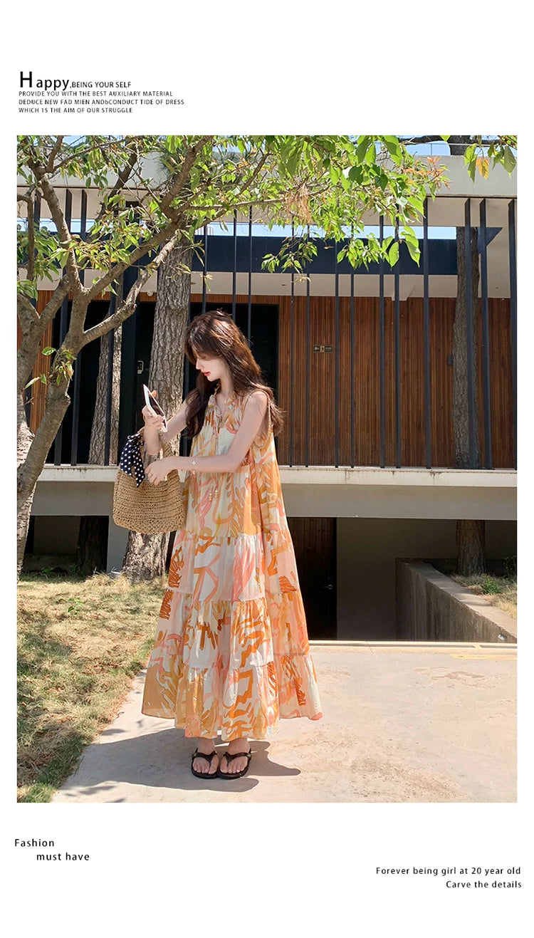 orange print tiered sleeveless dress 1color 【NINE7136】