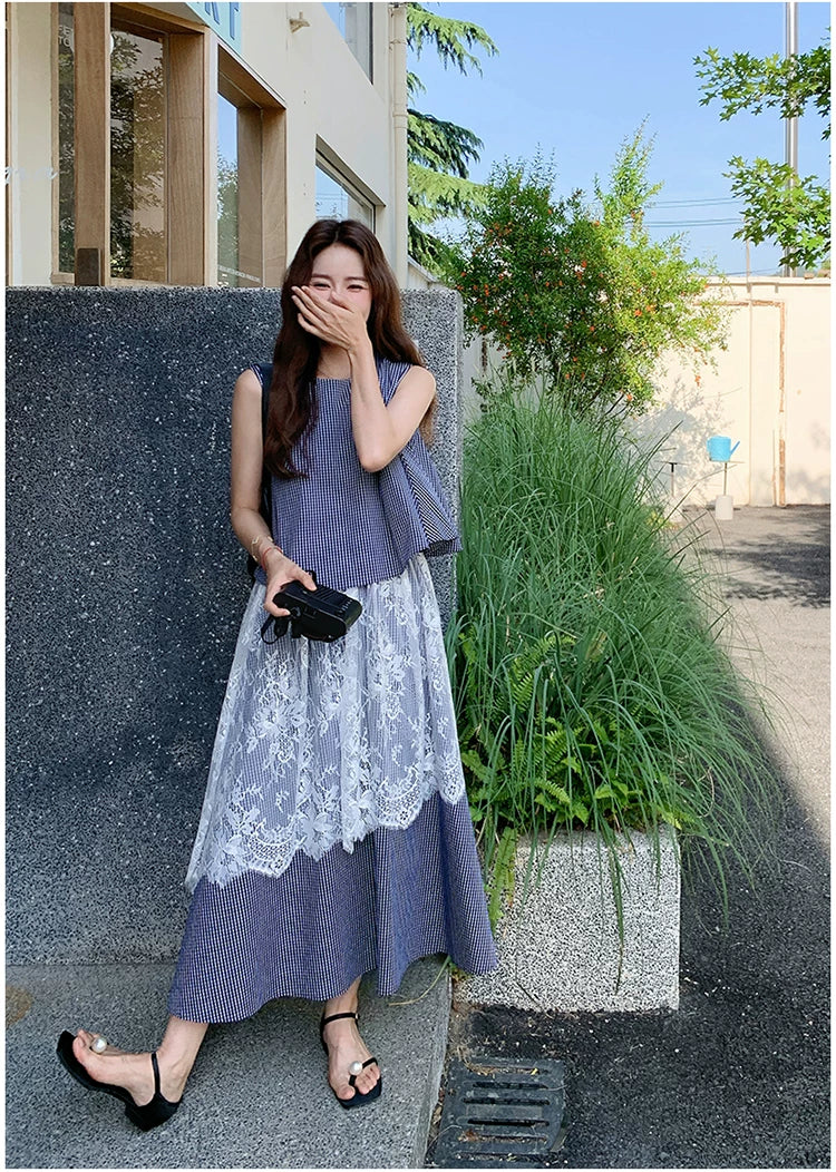 stripe lace fake twopiece dress 1color 【NINE7129】