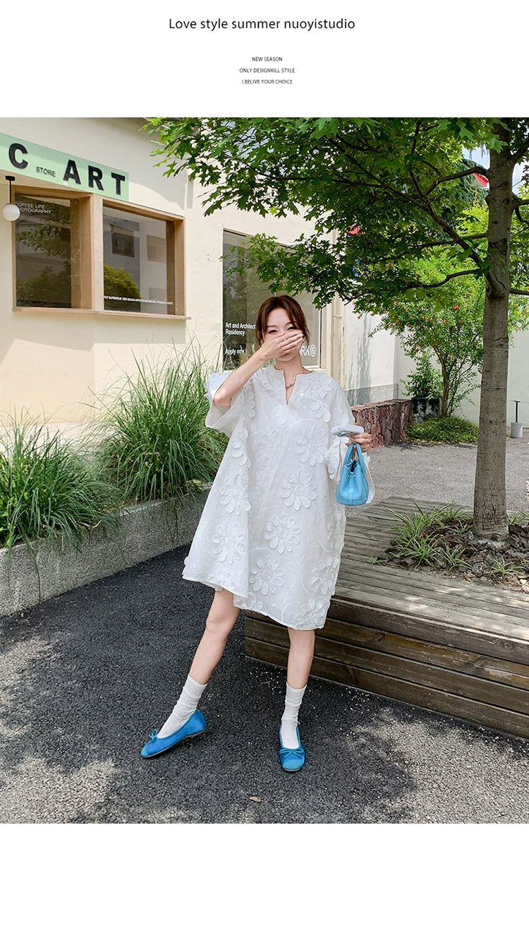 3D floral vneck loose dress 1color 【NINE7130】