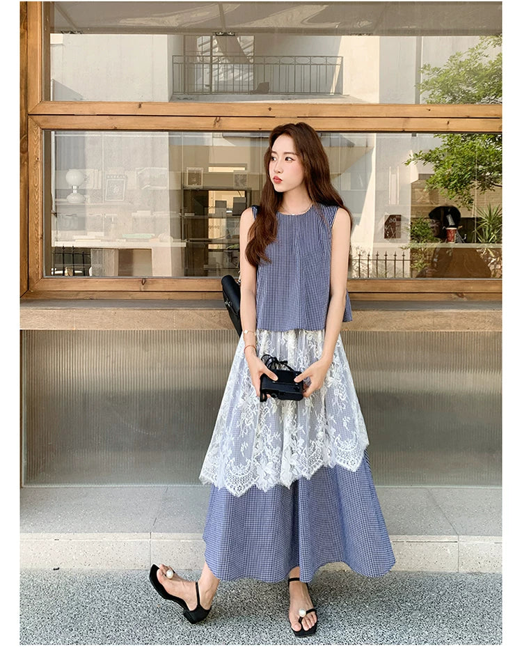 stripe lace fake twopiece dress 1color 【NINE7129】