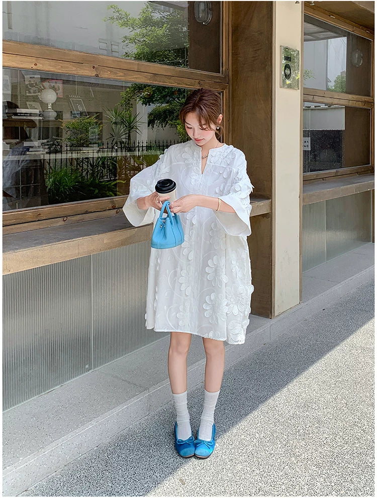 3D floral vneck loose dress 1color 【NINE7130】