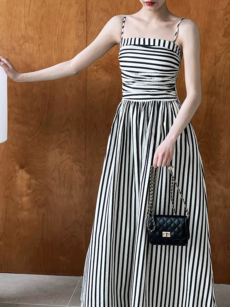 striped ruched camisole long dress 1color 【NINE7062】