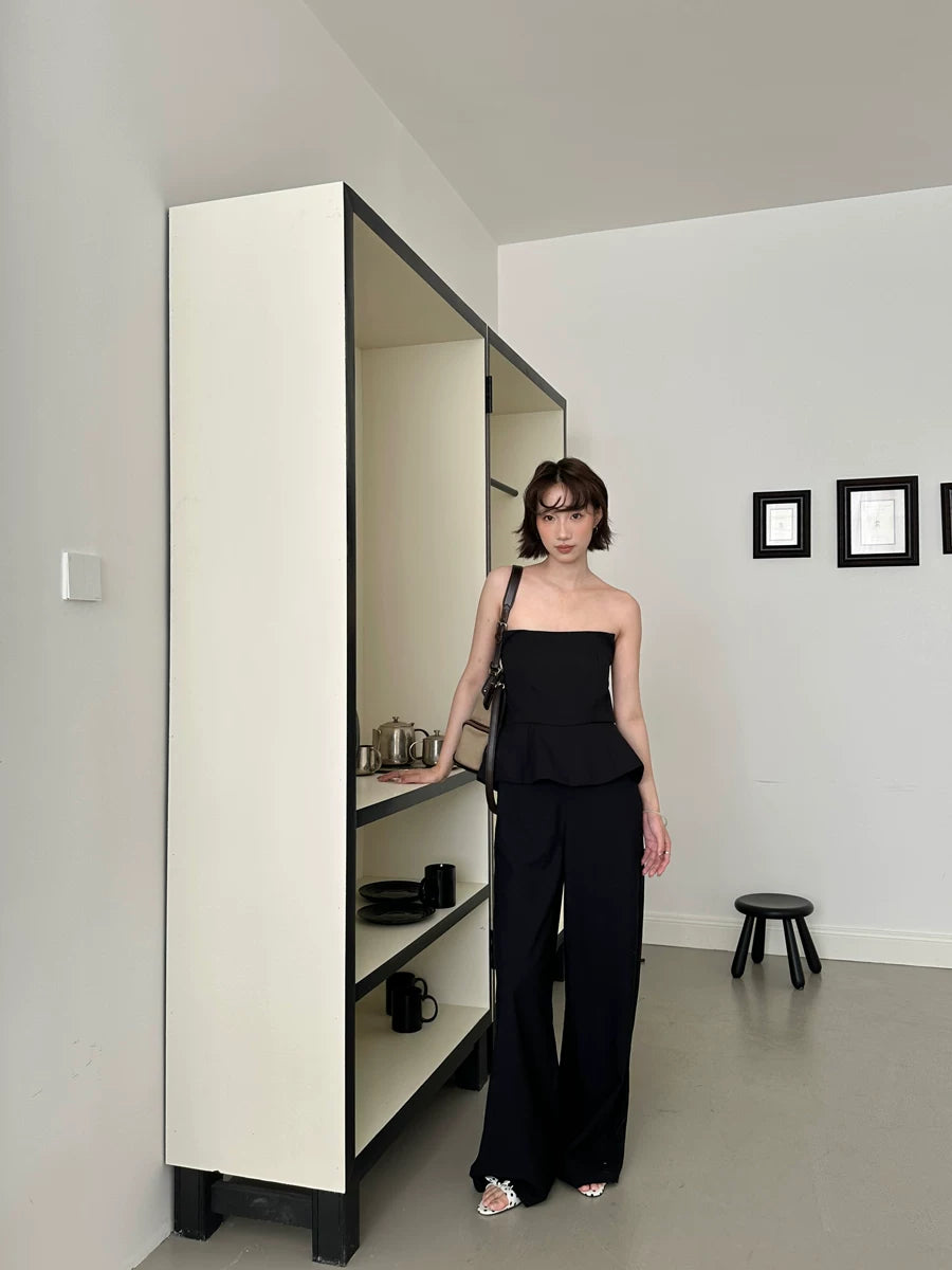 tube top peplum fake two-piece wide leg jumpsuit 1color 【NINE7150】