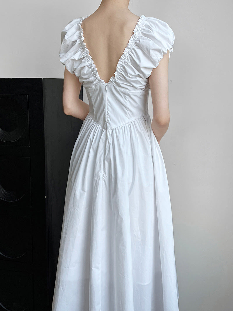 v neck gathered long dress 2color 【NINE7243】
