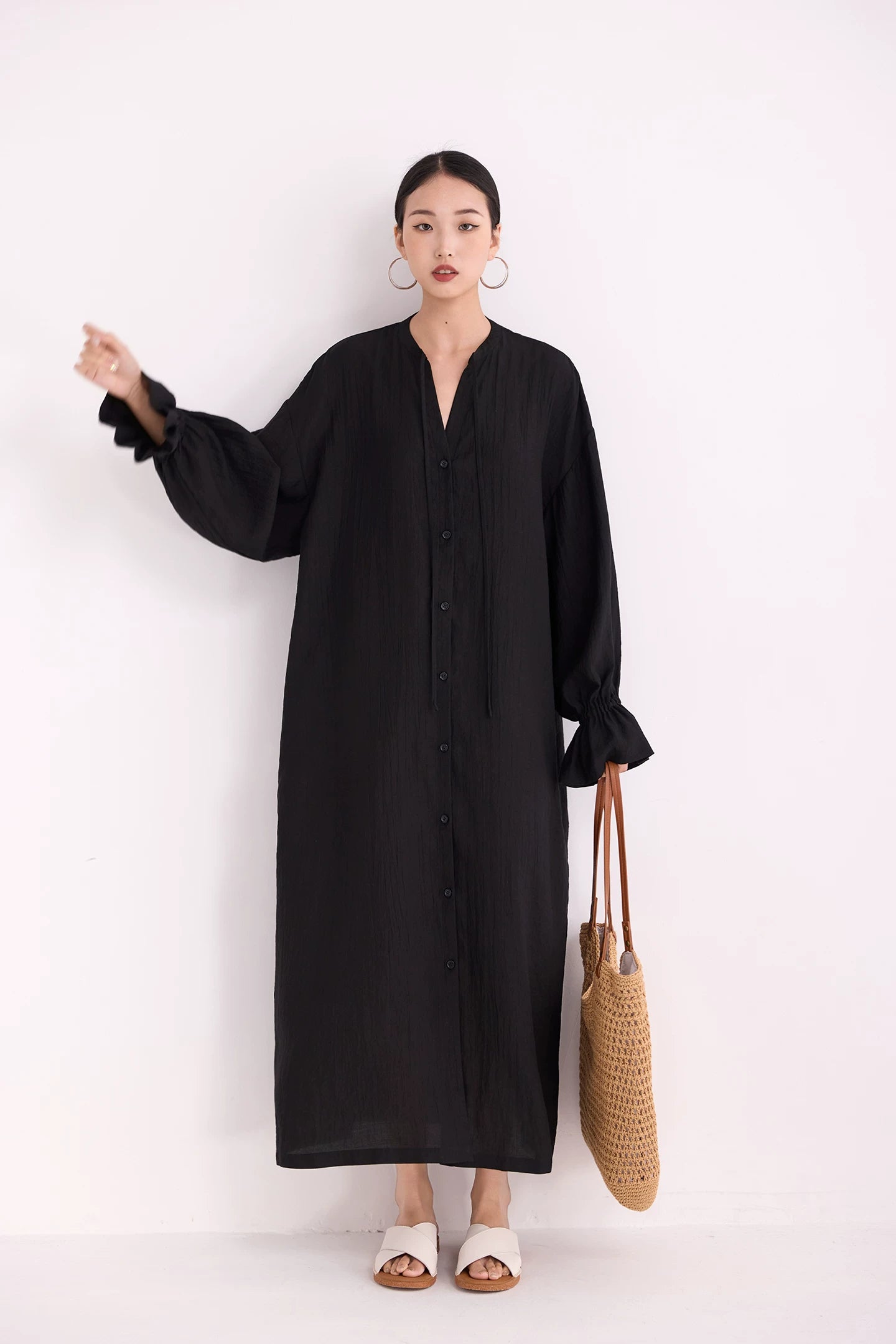 v-neck flare sleeve shirt long dress 1color 【NINE7223】