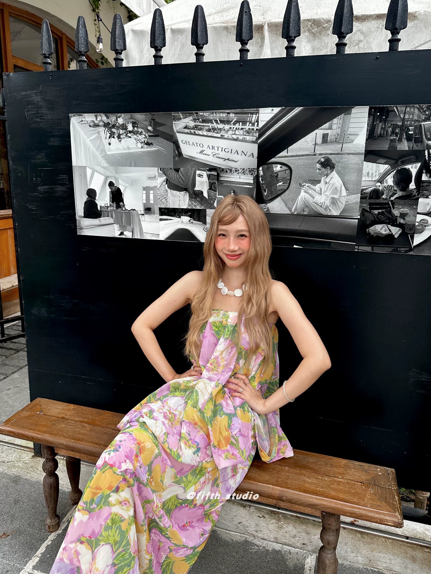 floral print tube top style fake two-piece long dress 1color 【NINE7147】