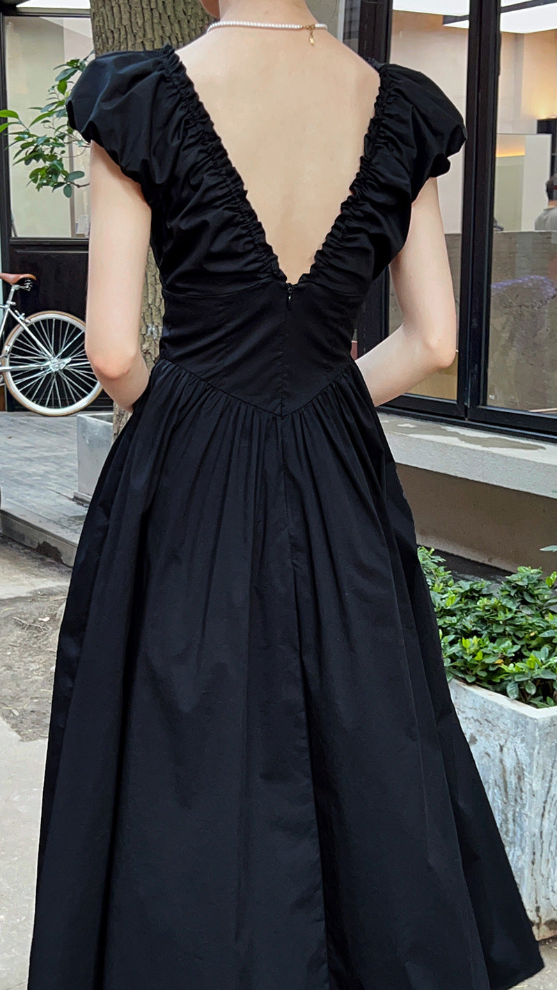 v neck gathered long dress 2color 【NINE7243】