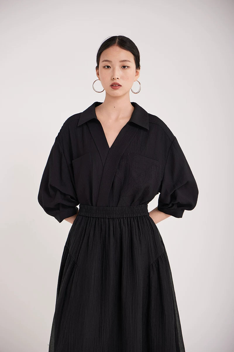 v-neck lapel puff sleeve shirt 3colors 【NINE7215】