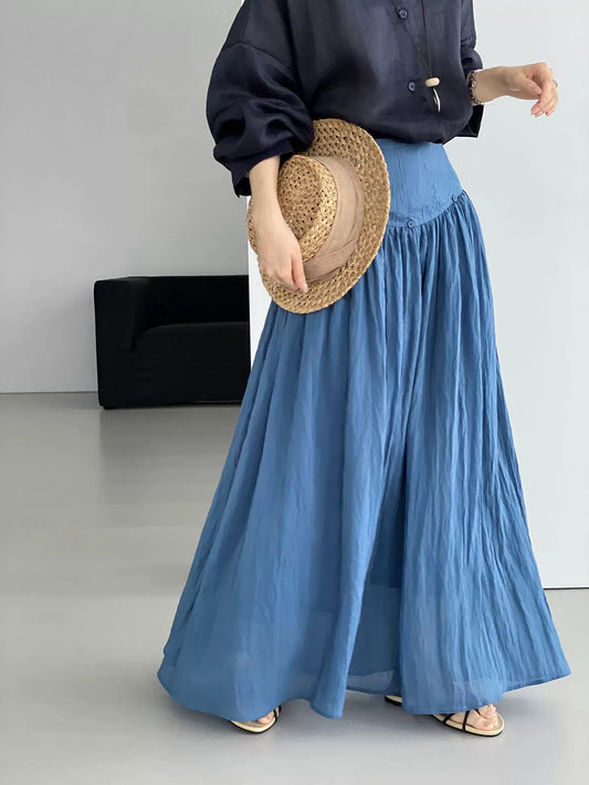 yoke pleated flared long skirt 2color 【NINE7077】