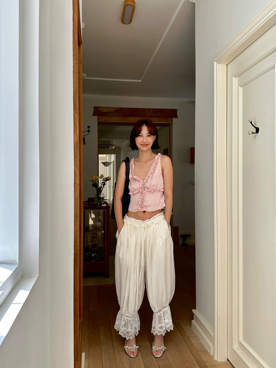 lace hem pleated loose pants 1color 【NINE7141】