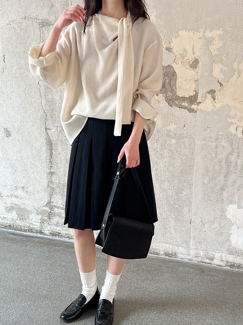 pleated scarf tie blouse 2color 【NINE7242】