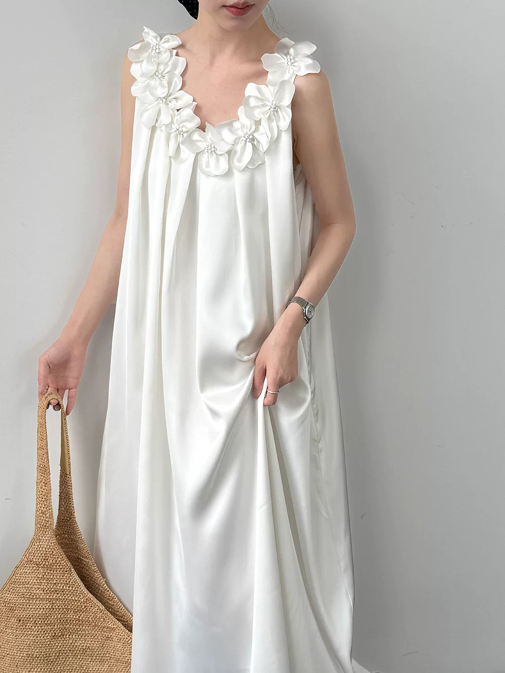 flower applique satin long dress 2color 【NINE7087】