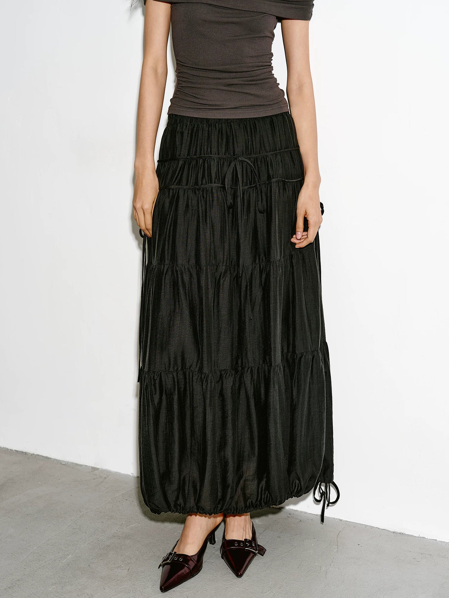 drawstring tiered balloon long skirt 1color 【NINE7229】
