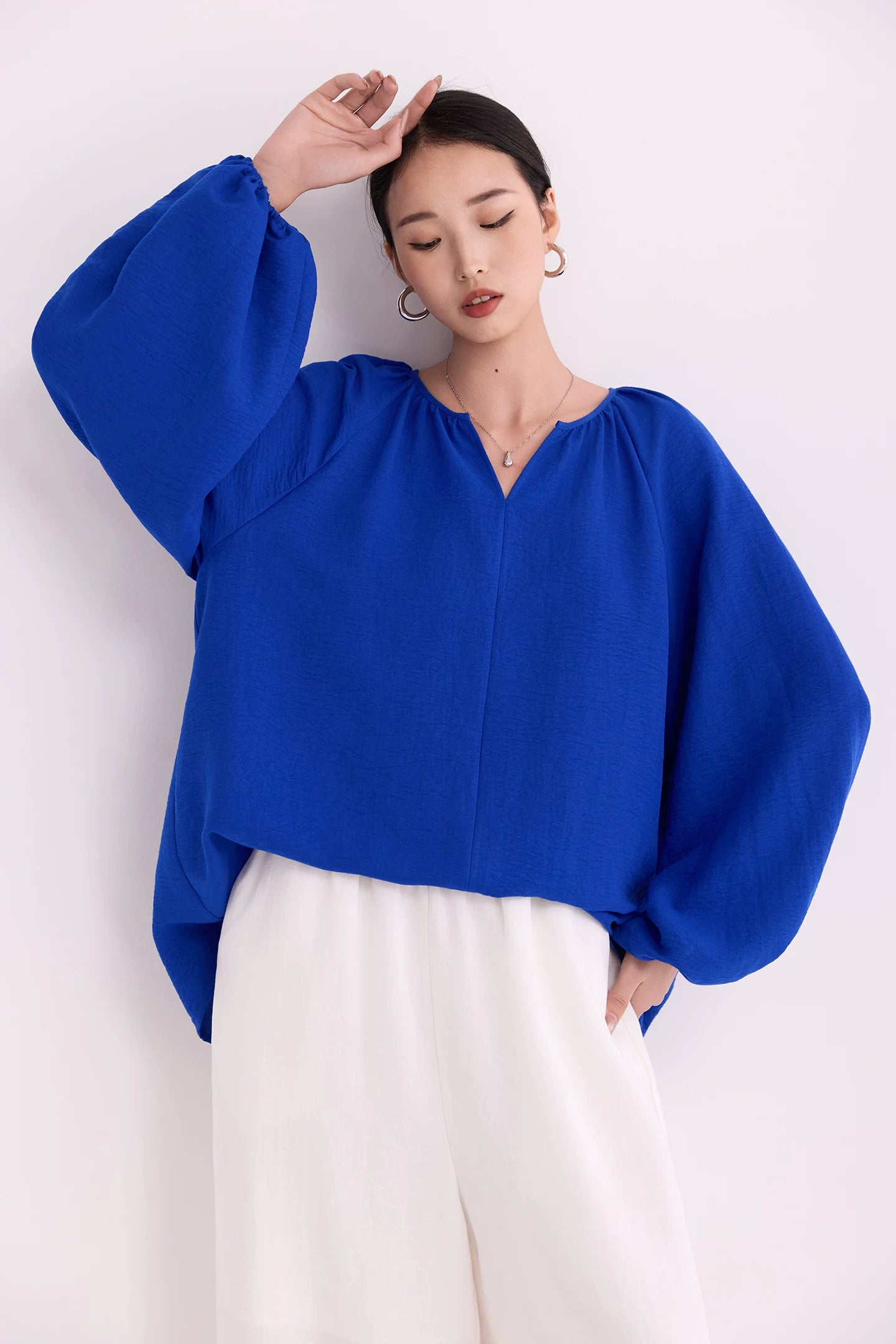 v-neck lantern sleeve loose blouse 14colors 【NINE7214】