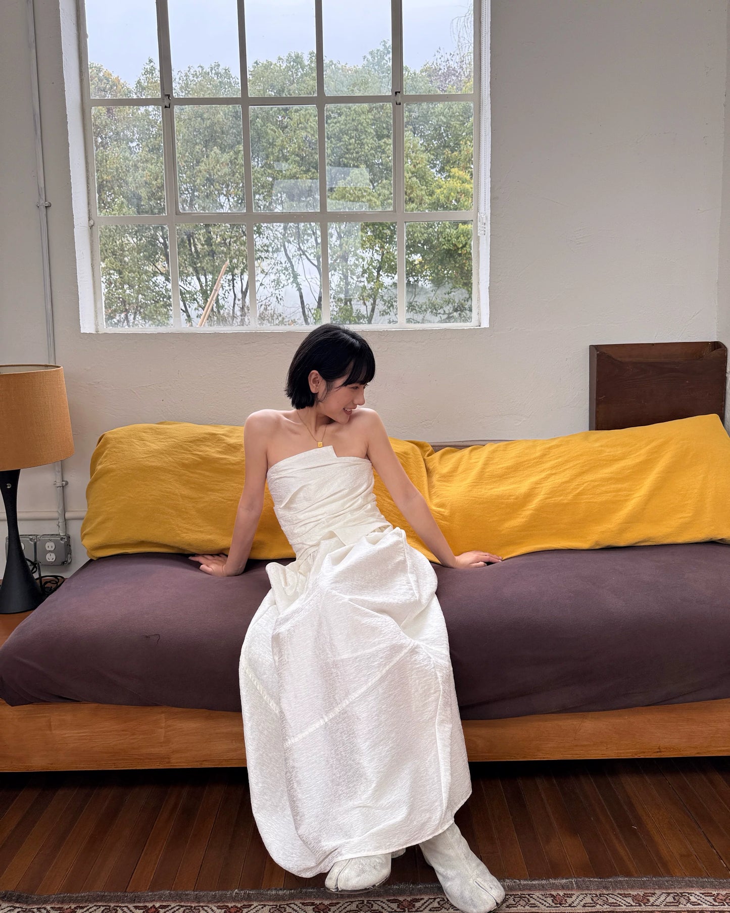 asymmetrical drape baretop setup 1color【NINE7001】