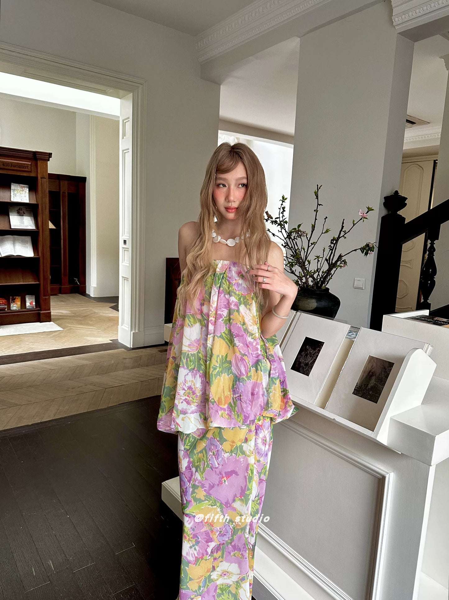 floral print tube top style fake two-piece long dress 1color 【NINE7147】