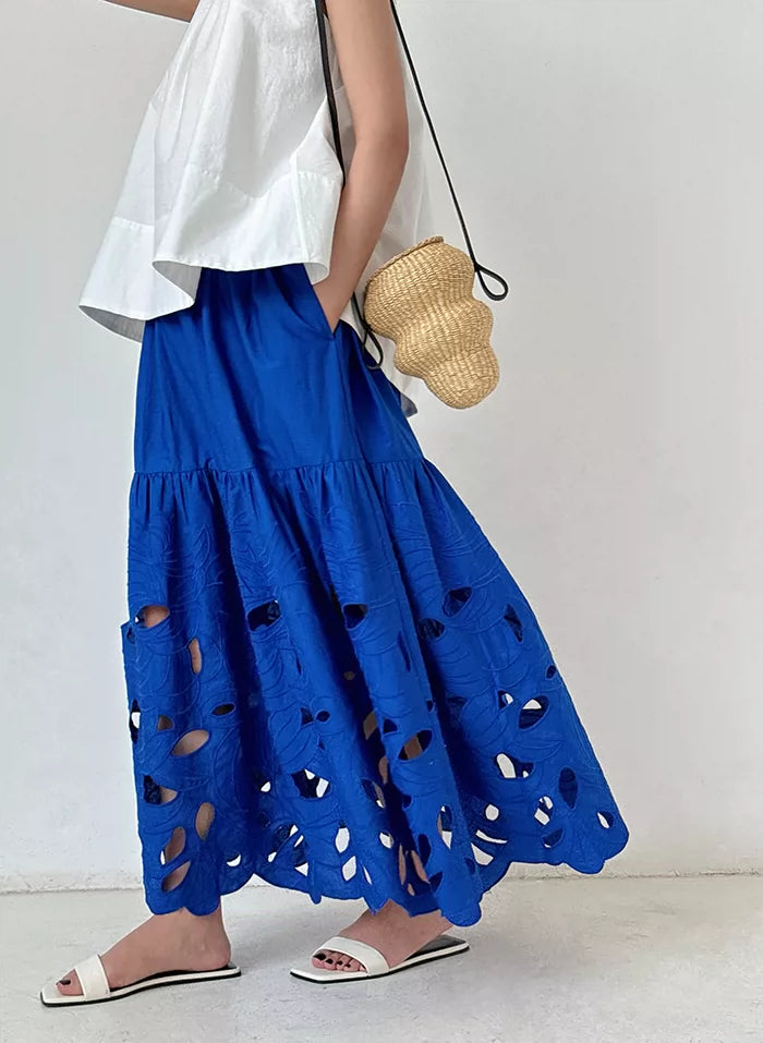 cutout embroidery tiered long skirt 2color 【NINE7053】