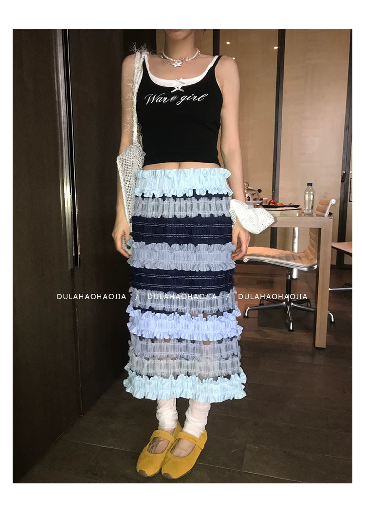 ruffle color block midi skirt 1color 【NINE7097】