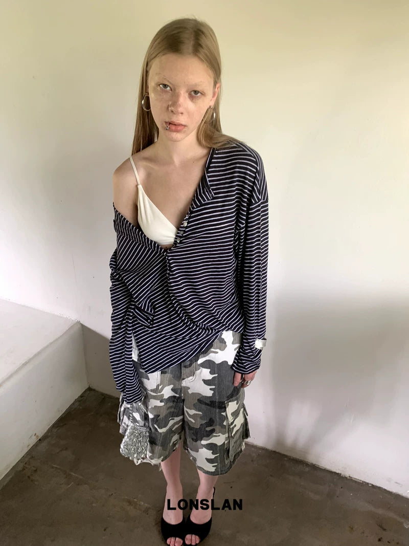 stripe deep v neck loose long sleeve top 2color 【NINE7017】