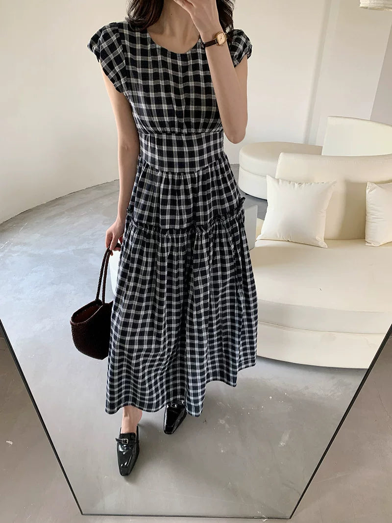 check tiered cap sleeve dress 1color 【NINE7066】