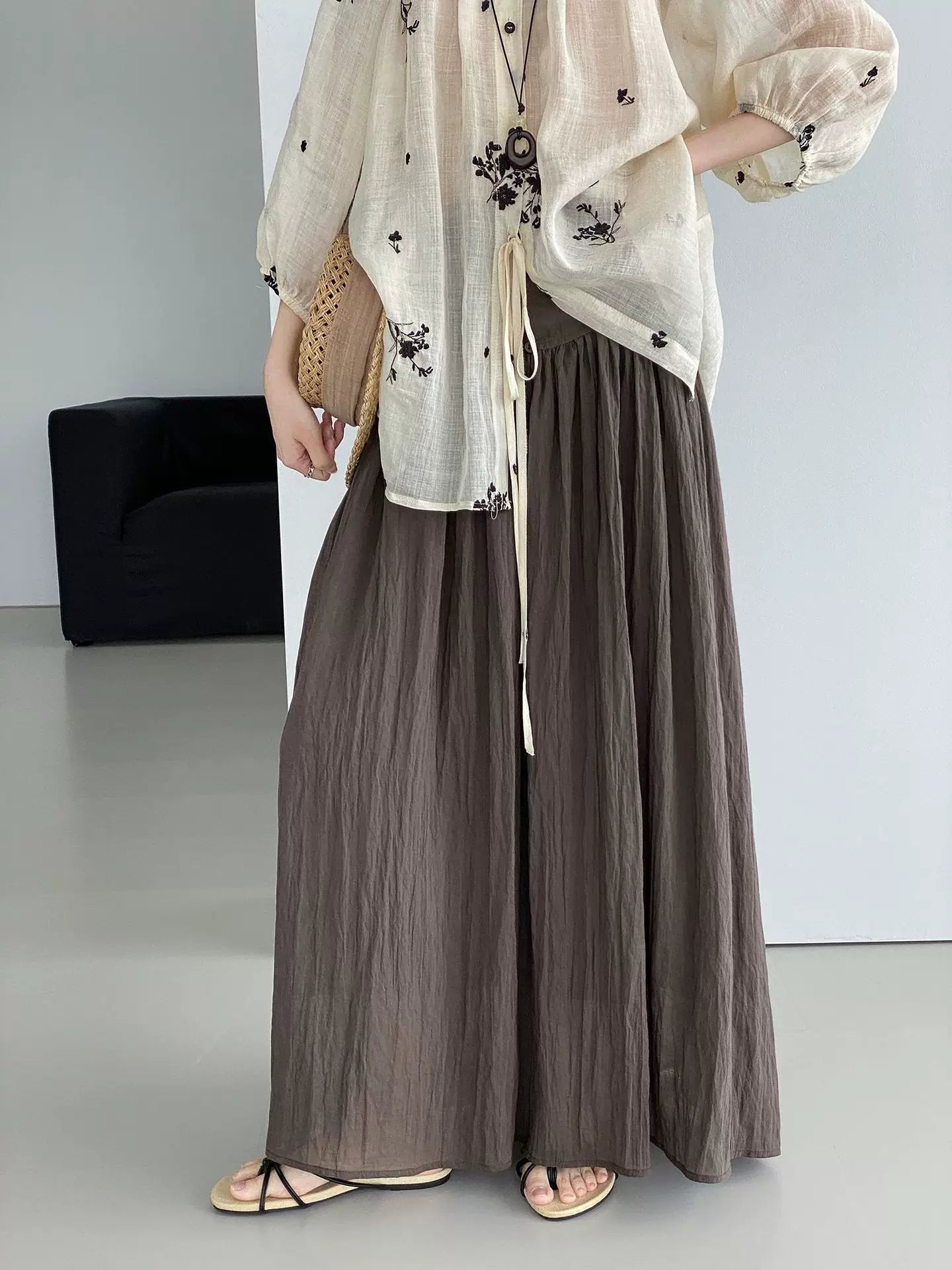 yoke pleated flared long skirt 2color 【NINE7077】