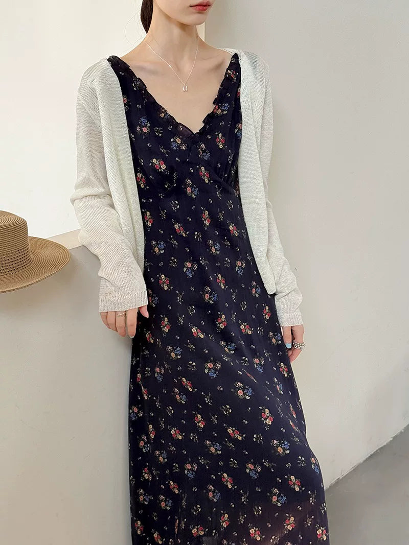 backless floral linen camisole dress 1color 【NINE7024】