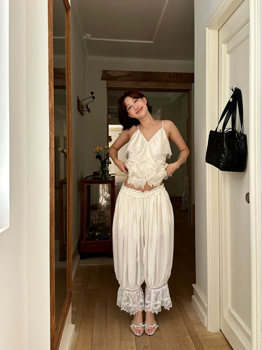 lace hem pleated loose pants 1color 【NINE7141】