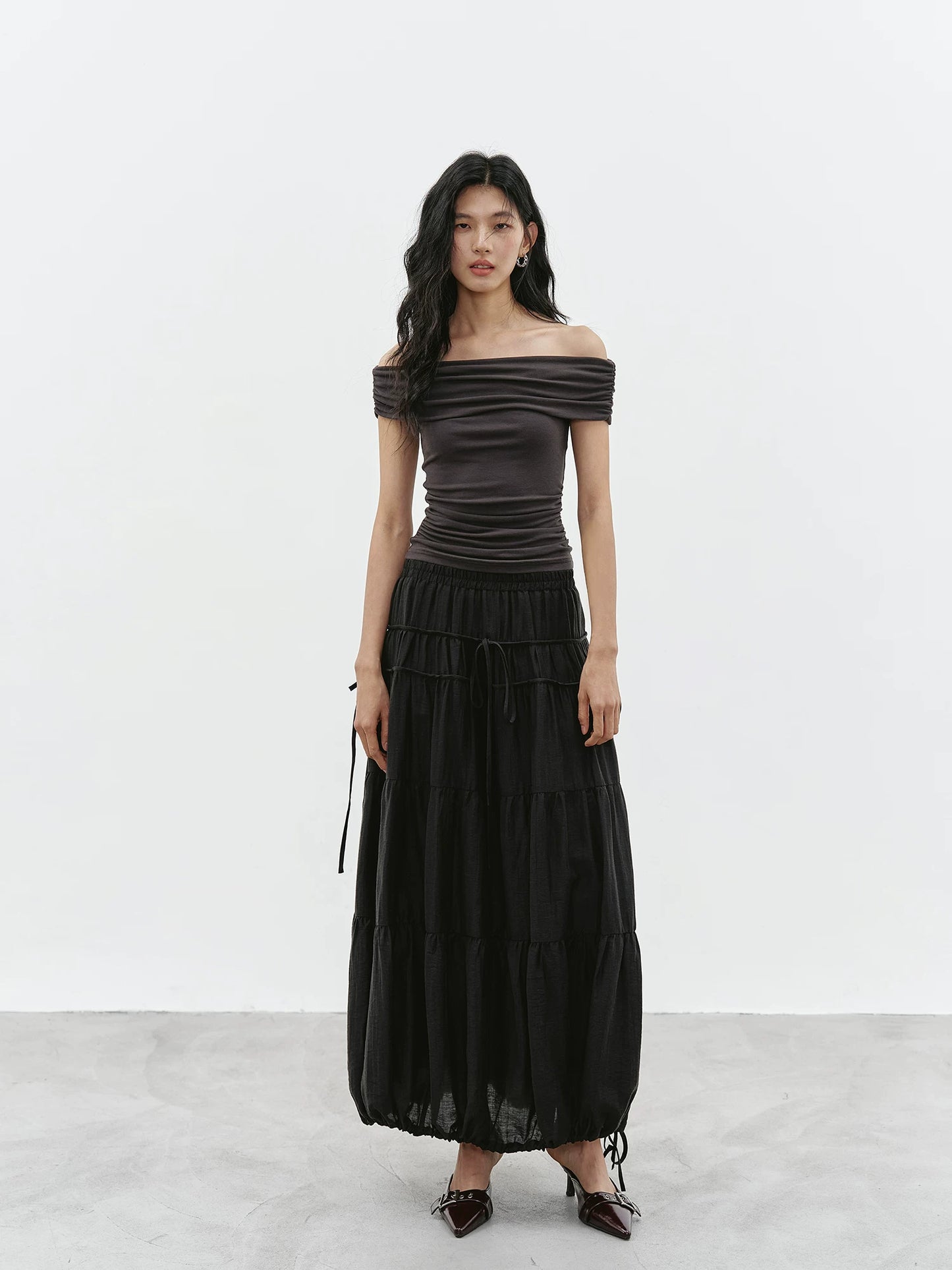 drawstring tiered balloon long skirt 1color 【NINE7229】