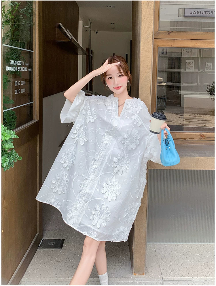 3D floral vneck loose dress 1color 【NINE7130】