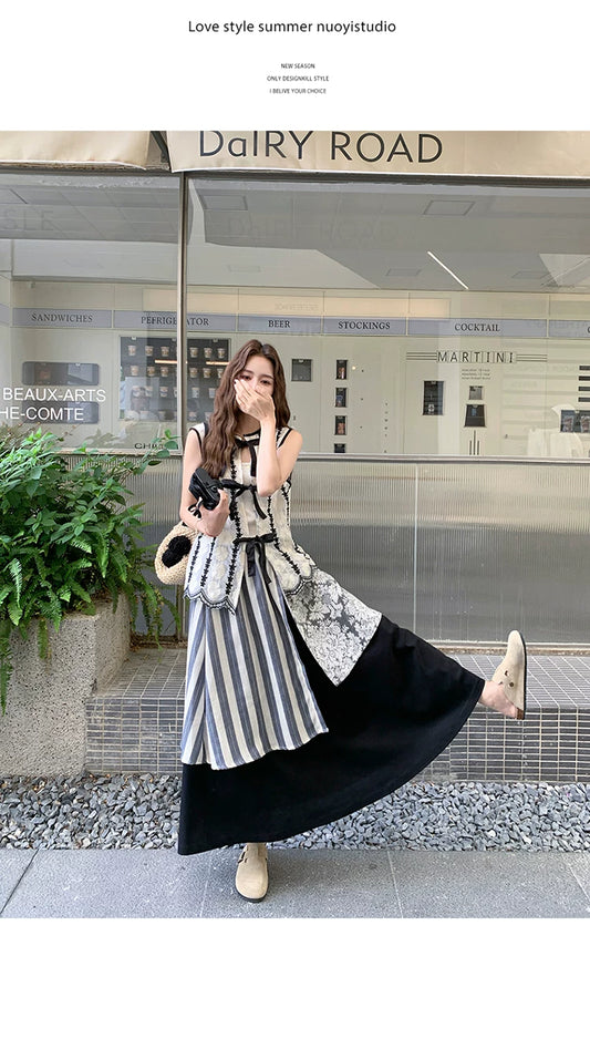 patchwork asymmetric skirt vest setup 1color 【NINE7113】