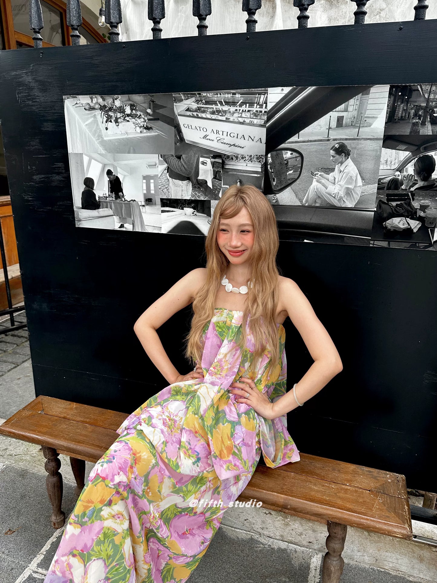 floral print tube top style fake two-piece long dress 1color 【NINE7147】