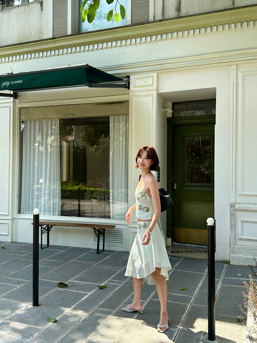 ivy embroidery camisole and irregular chiffon skirt set 1color 【NINE7145】