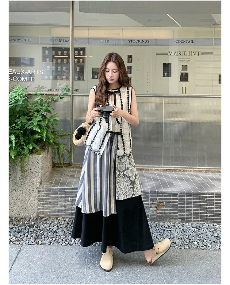 patchwork asymmetric skirt vest setup 1color 【NINE7113】