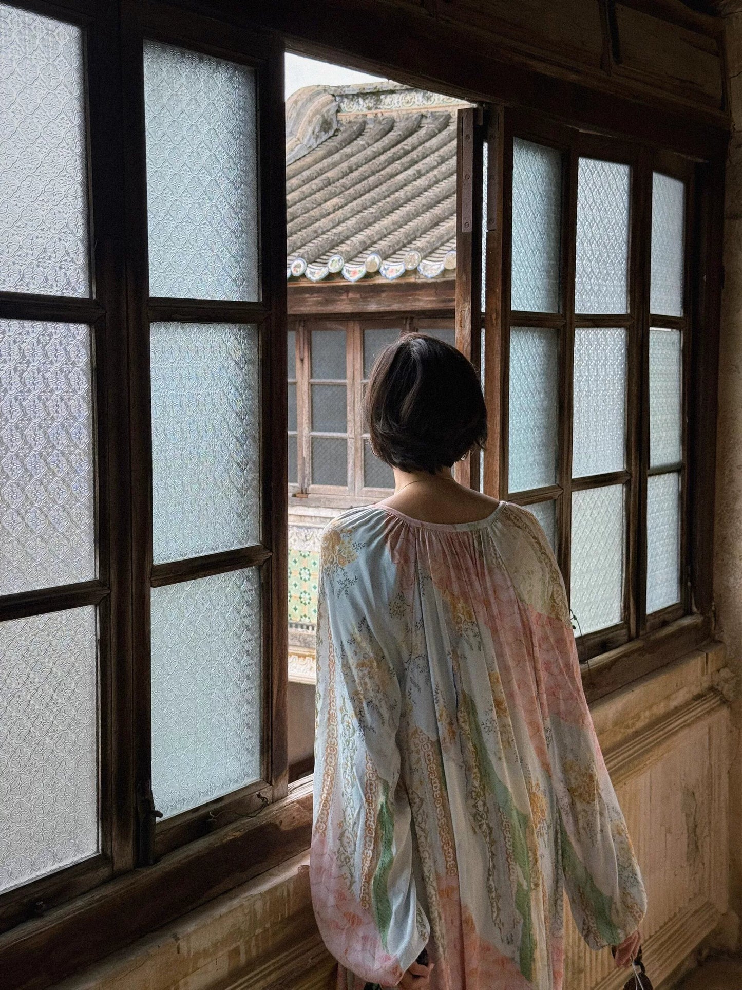 multi pattern V-neck long sleeve maxi dress 1color 【NINE7207】